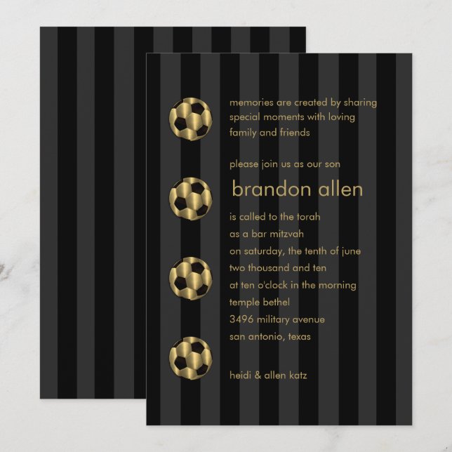 Invitation Bar Mitzvah Gold et Black Soccer Ball (Devant / Derrière)