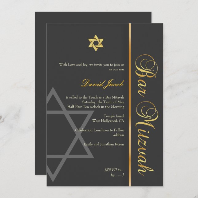 INVITATION BAR MITZVAH GRAPHITE/OR/DO-IT-YOURSELF COULEUR (Devant / Derrière)