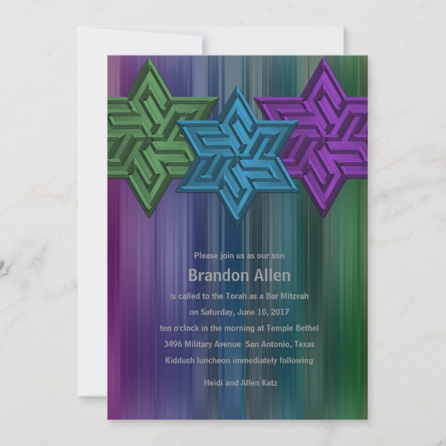 Invitation Bar Mitzvah Green Teal and Purple Star of David (Devant)