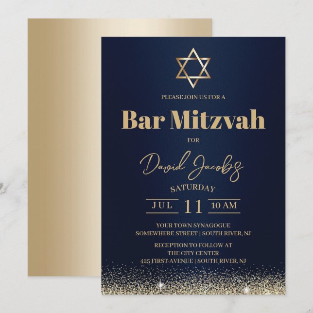 Invitation Bar Mitzvah juif moderne bleu marine et or (Devant / Derrière)