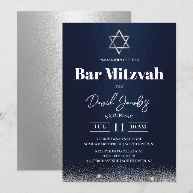 Invitation Bar Mitzvah juive Étoile de David Moderne Bleu mar (Devant / Derrière)