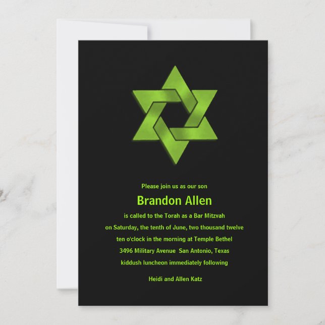 Invitation Bar Mitzvah Lime Green sur Black, Étoile de David (Devant)