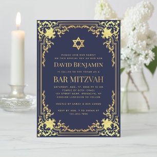 Invitation Bar Mitzvah Marine Bleu Faux Or Vintage religieux