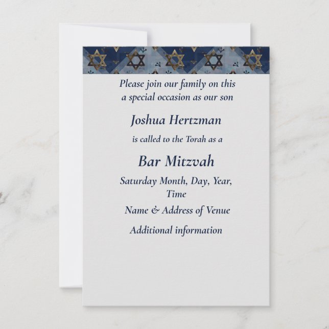 Invitation Bar Mitzvah Mazel Tov Blue Grey Star de David (Devant)