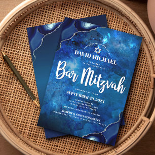 Invitation Bar Mitzvah moderne à l'aquarelle bleu agate et éc