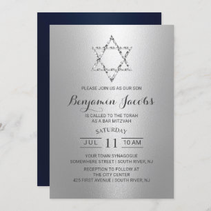 Invitation Bar Mitzvah Moderne Argent & Etoile bleue de David