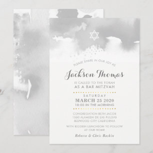 Invitation BAR MITZVAH moderne gris pâle gris aquarelle