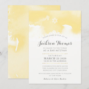 Invitation BAR MITZVAH moderne jaune pâle gris aquarelle