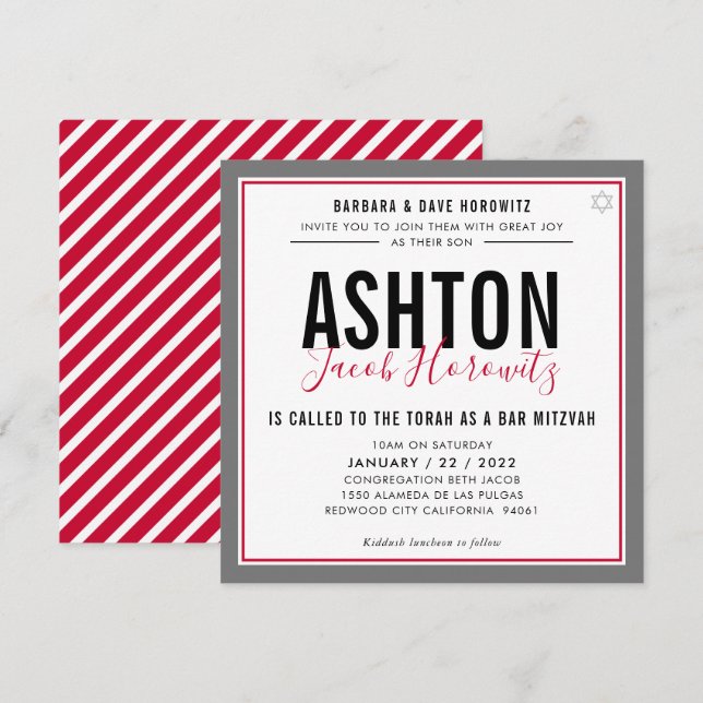 Invitation BAR MITZVAH moderne masculin rouge noir sport Invi (Devant / Derrière)