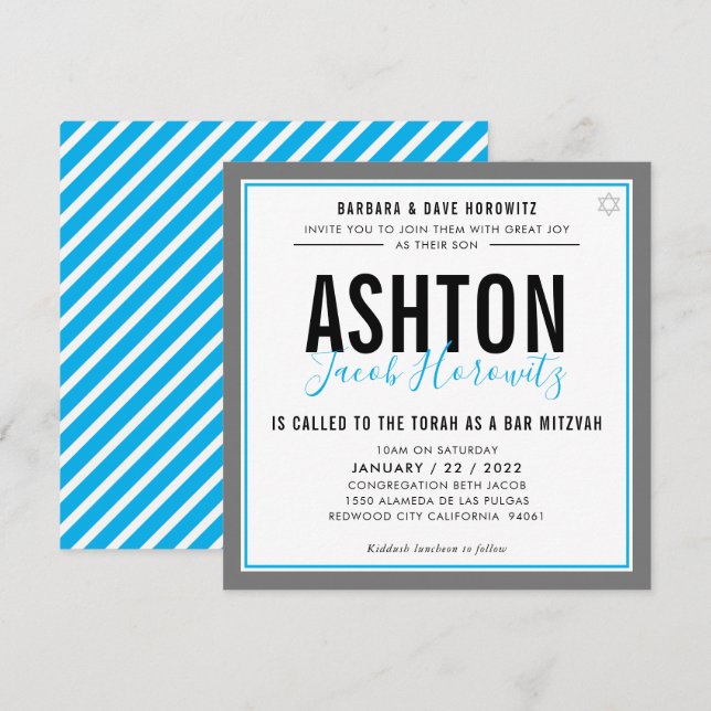 Invitation BAR MITZVAH moderne masculine aqua gris sport (Devant / Derrière)