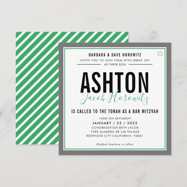 Invitation BAR MITZVAH moderne masculine vert gris sport (Devant / Derrière)