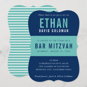 Invitation BAR MITZVAH moderne minima typographie bleu menthe
