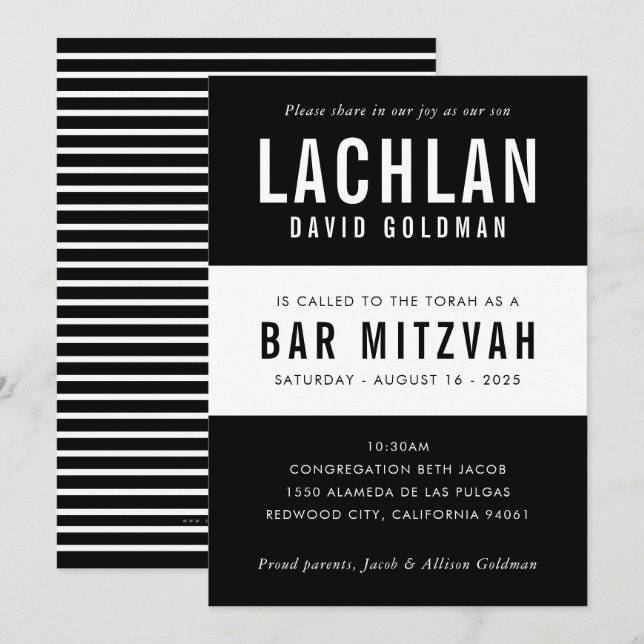 Invitation BAR MITZVAH moderne minima typographie noir blanc (Devant / Derrière)