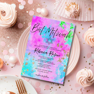Invitation Bar Mitzvah Moderne Néon et Aquarelle Or