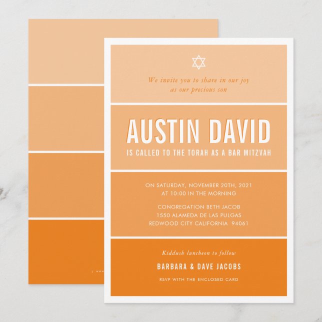 Invitation BAR MITZVAH moderne ombre dégradé orange foncé (Devant / Derrière)