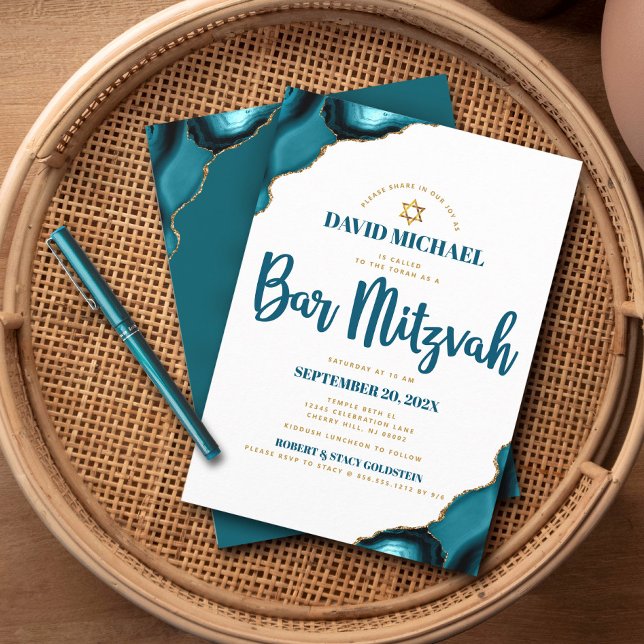 Invitation Bar Mitzvah Moderne Simple Agate Turquoise Script (Créateur téléchargé)