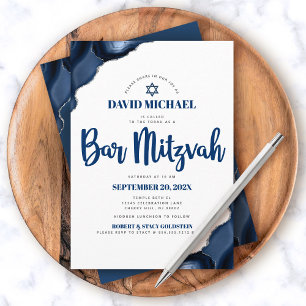 Invitation Bar Mitzvah Moderne Simple Bleu Marine Agate Scrip