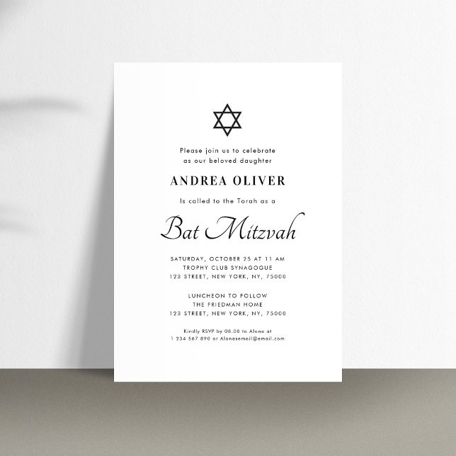 Invitation Bar Mitzvah Moderne Simple Élegante Écriture Blanc (Créateur téléchargé)