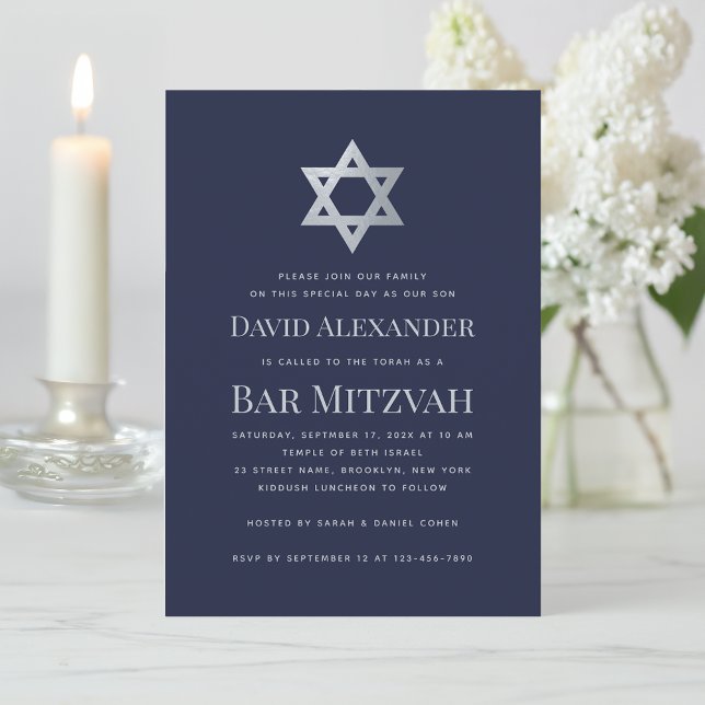 Invitation Bar Mitzvah Navy Blue & Faux Silver Star of David (Créateur téléchargé)