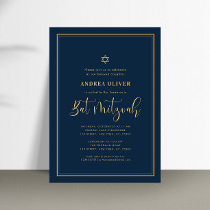 Invitation Bar Mitzvah Navy Blue & Gold Double Cadre Écriture
