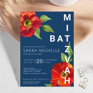 Invitation Bar Mitzvah Navy Bold Rouge Floral Aquarelle Moder