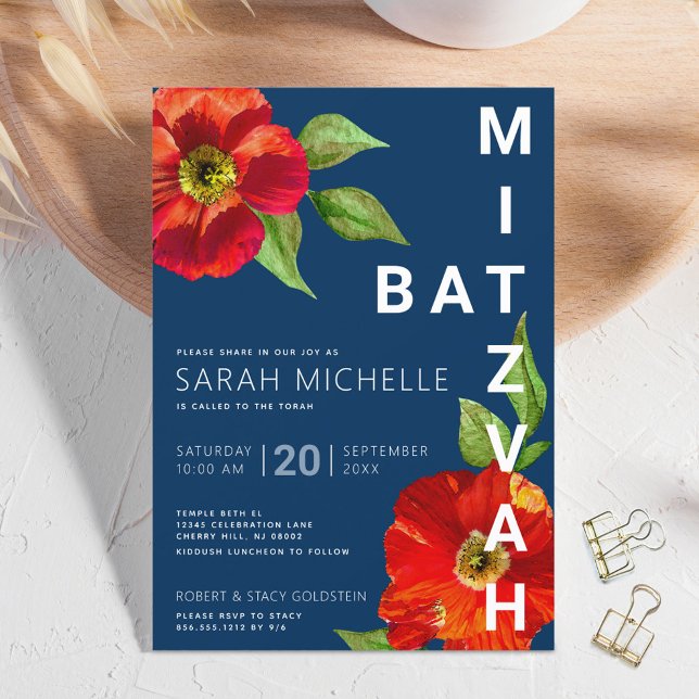 Invitation Bar Mitzvah Navy Bold Rouge Floral Aquarelle Moder (Créateur téléchargé)