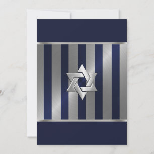 Invitation Bar Mitzvah Navy et Silver Stripe Star de David