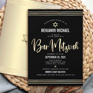 Invitation Bar Mitzvah Noir Or Feuille Script Gras Moderne