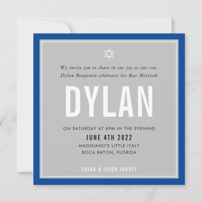 Invitation BAR MITZVAH nom moderne gris bleu royal DYLAN (Devant)
