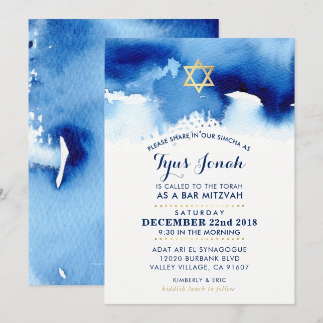 Invitation BAR MITZVAH or étoile stylisée bleu aquarelle TYUS (Devant / Derrière)