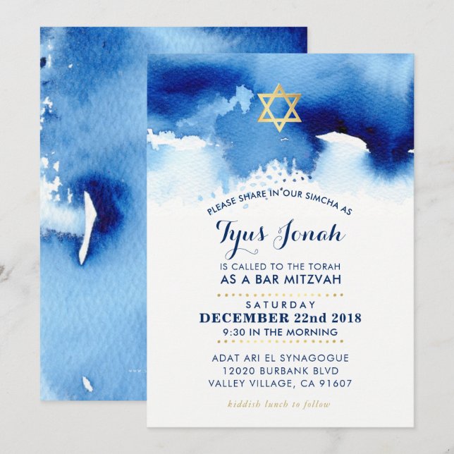 Invitation BAR MITZVAH or étoile stylisée bleu aquarelle TYUS (Devant / Derrière)