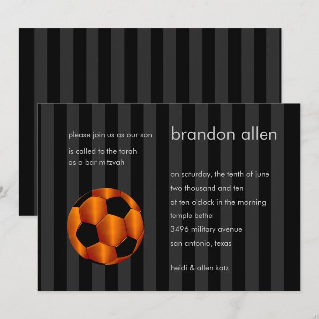 Invitation Bar Mitzvah Orange et Black Soccer Ball (Devant / Derrière)