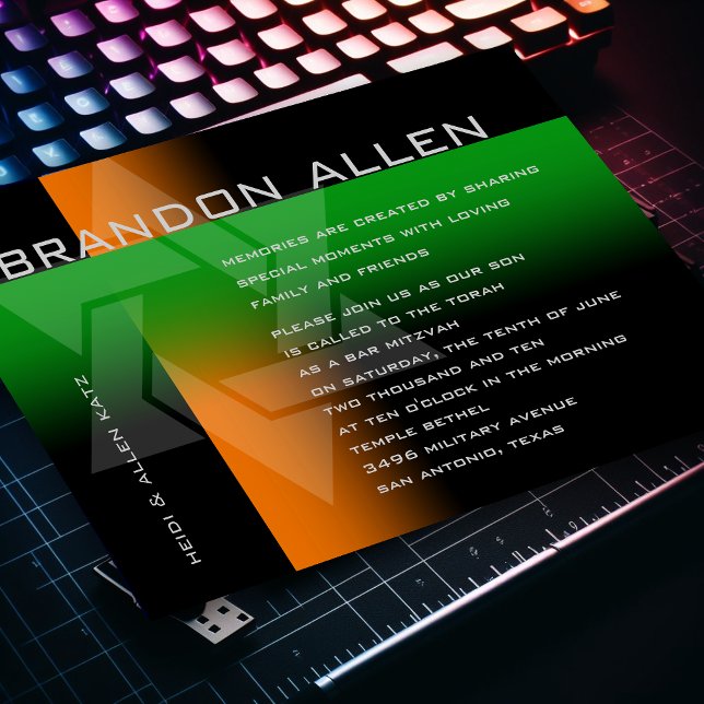 Invitation Bar Mitzvah orange et vert sur n'importe quelle co (Créateur téléchargé)