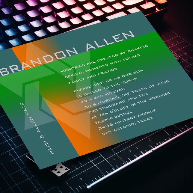 Invitation Bar Mitzvah orange et vert sur n'importe quelle co (Créateur téléchargé)