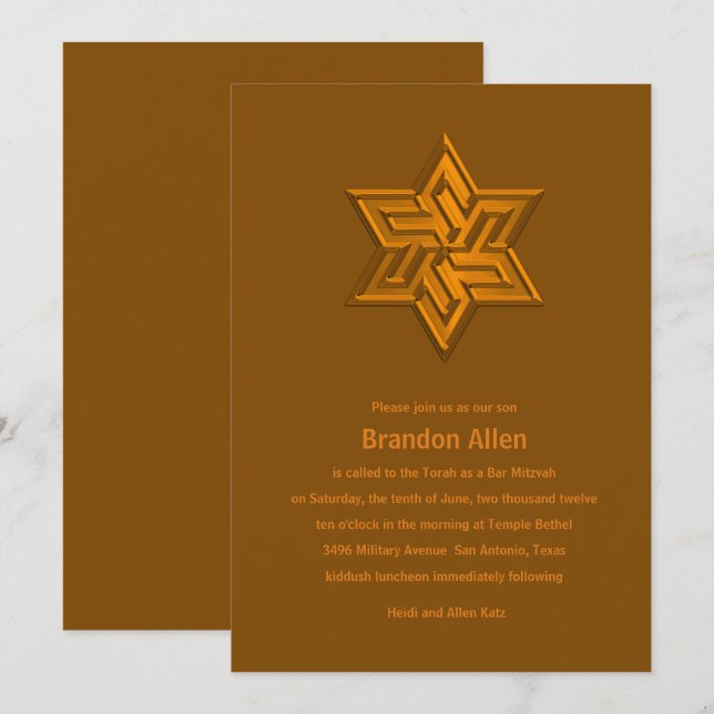 Invitation Bar Mitzvah Orange Tones Star de David (Devant / Derrière)