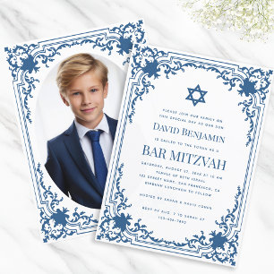 Invitation Bar Mitzvah Photo Bleu Blanc Vintage étoile de Dav