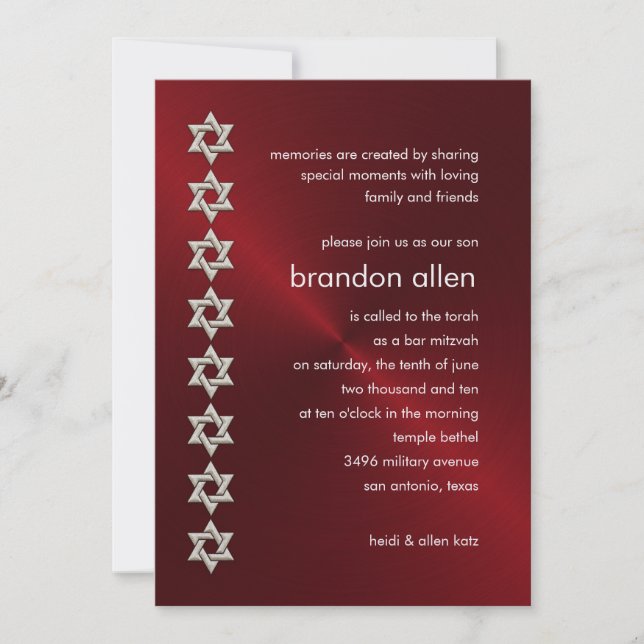 Invitation Bar Mitzvah Red Sheen Argent Étoiles de David (Devant)