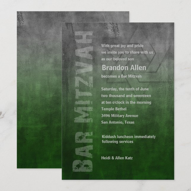Invitation Bar Mitzvah Rogged Fade Green (Devant / Derrière)