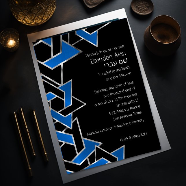 Invitation Bar Mitzvah Silver Blue Black Star de David (Créateur téléchargé)