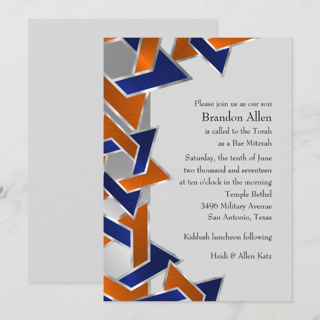 Invitation Bar Mitzvah Silver Blue Orange Star de David (Devant / Derrière)
