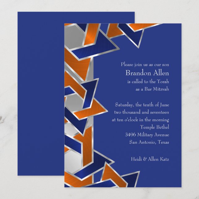 Invitation Bar Mitzvah Silver Blue Orange Star de David (Devant / Derrière)