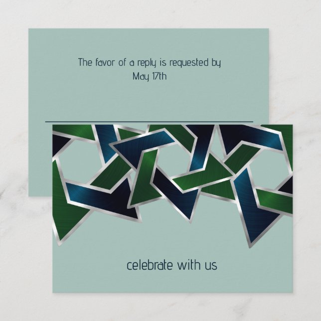 Invitation Bar Mitzvah Silver Navy Blue Green Star de David (Devant / Derrière)