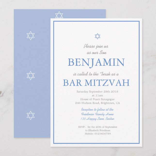 Invitation Bar Mitzvah Simple Etoile Élégante de David Juif (Devant / Derrière)