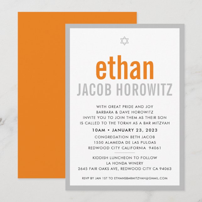 Invitation BAR MITZVAH simple étoile moderne nom orange gris (Devant / Derrière)