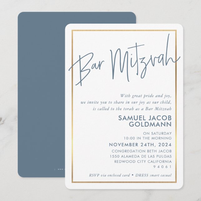 Invitation BAR MITZVAH simple minimum moderne cadre or bleu m (Devant / Derrière)