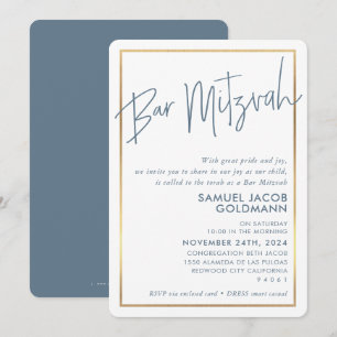Invitation BAR MITZVAH simple minimum moderne cadre or bleu m