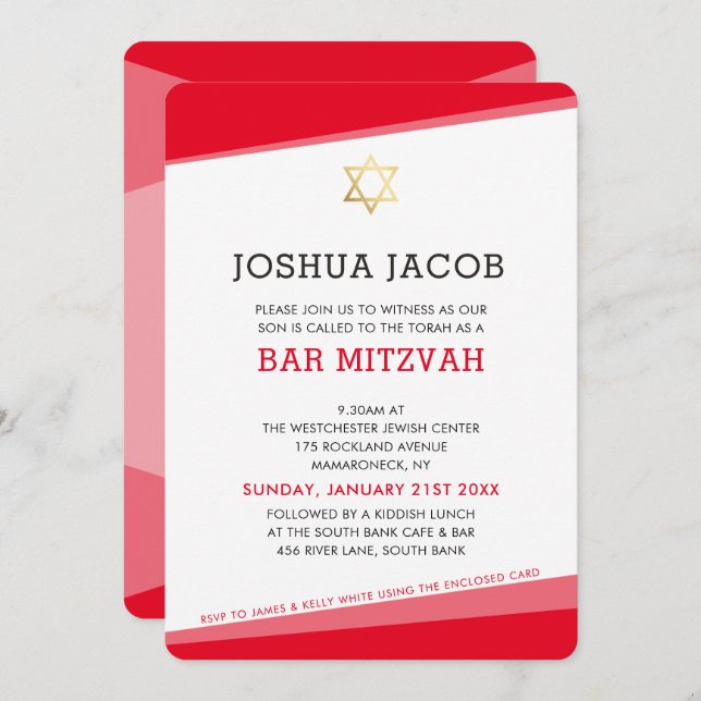 Invitation BAR MITZVAH simple moderne rouge étoile (Devant / Derrière)