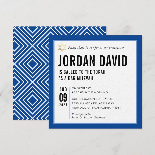Invitation BAR MITZVAH simple typographie moderne royal bleu (Devant / Derrière)