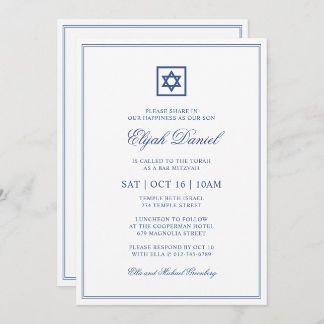 Invitation Bar Mitzvah Star de David Elegant Classic Blue (Devant / Derrière)