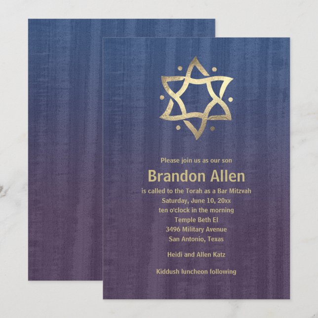 Invitation Bar Mitzvah Stenn Bois Bleu Plum Or Star (Devant / Derrière)